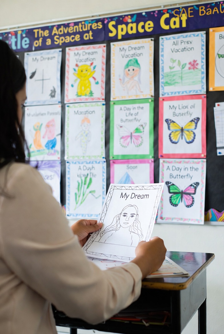Classroom bulletin board displaying student work