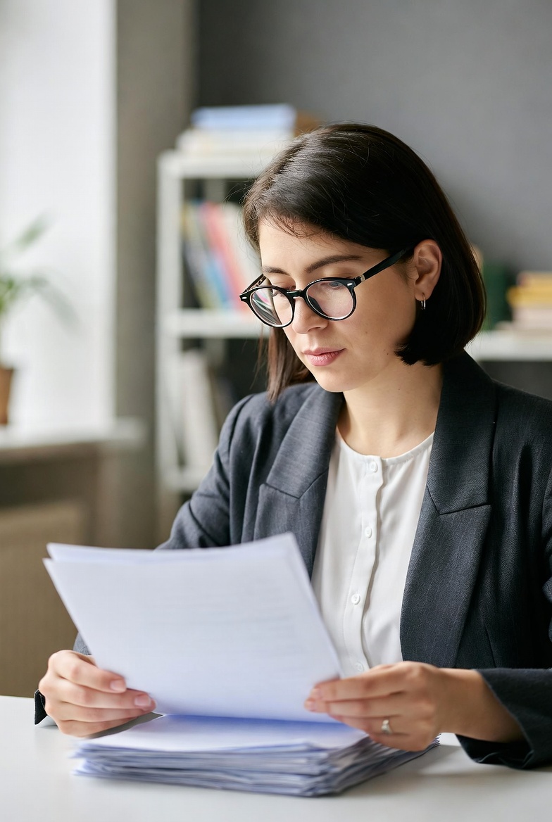 Teacher reviewing student work at her desk