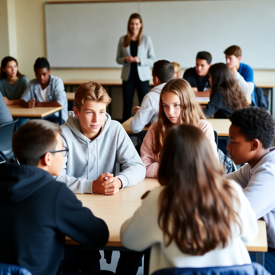 Grade 8 students in teacher-directed small-group discussion while the teacher observes.