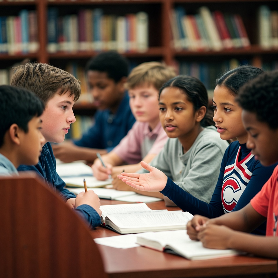 Students conversing in small library carrels while researching.